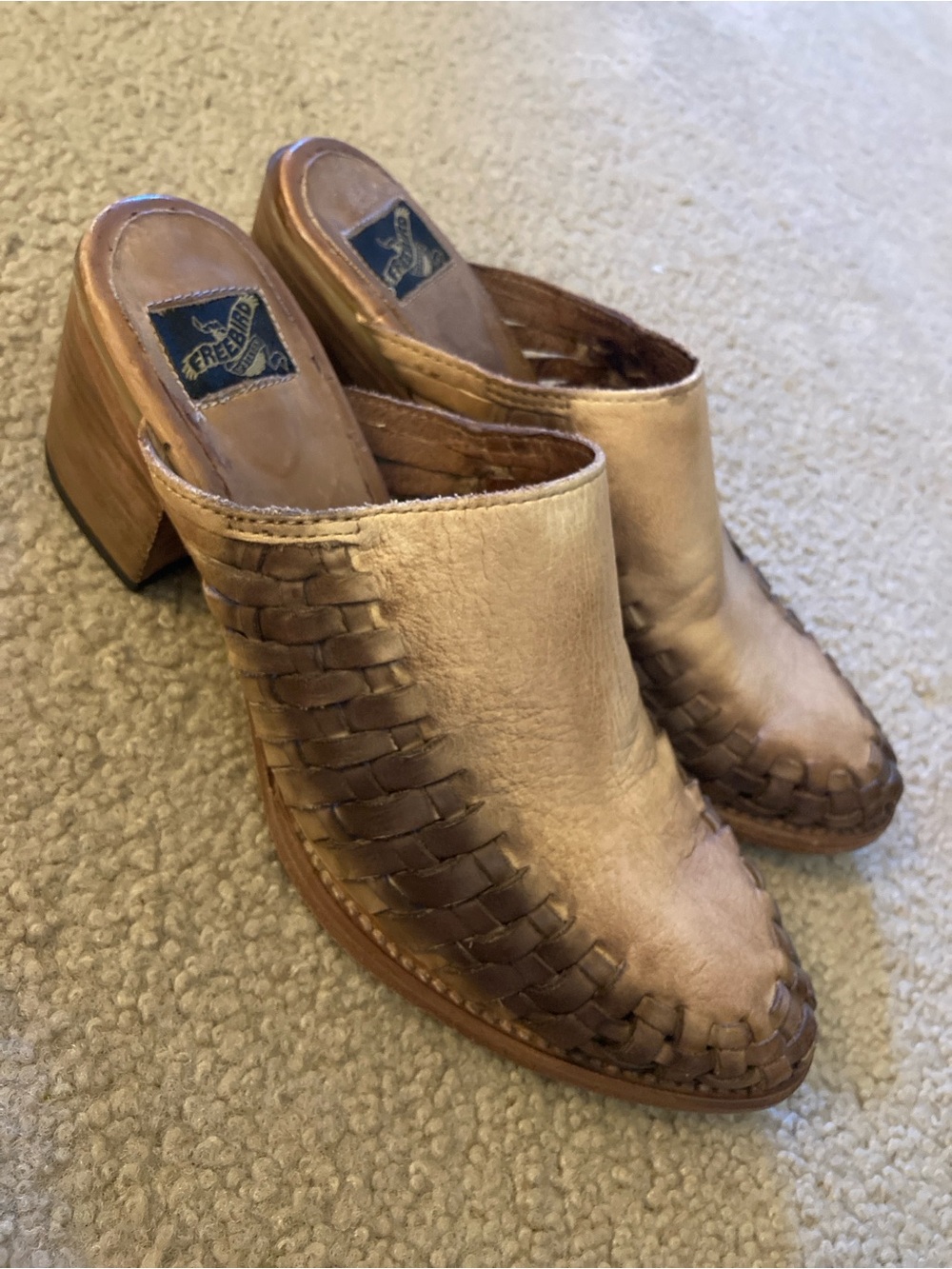 Freebird by Steven Sofia Tan Braided Leather Mule Heels